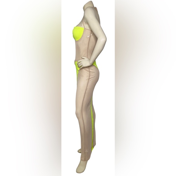 C.BRIDGETT Sexy Neon Yellow & Nude Sheer Mesh Color Block Halter Dress Cover Up - Picture 7 of 14